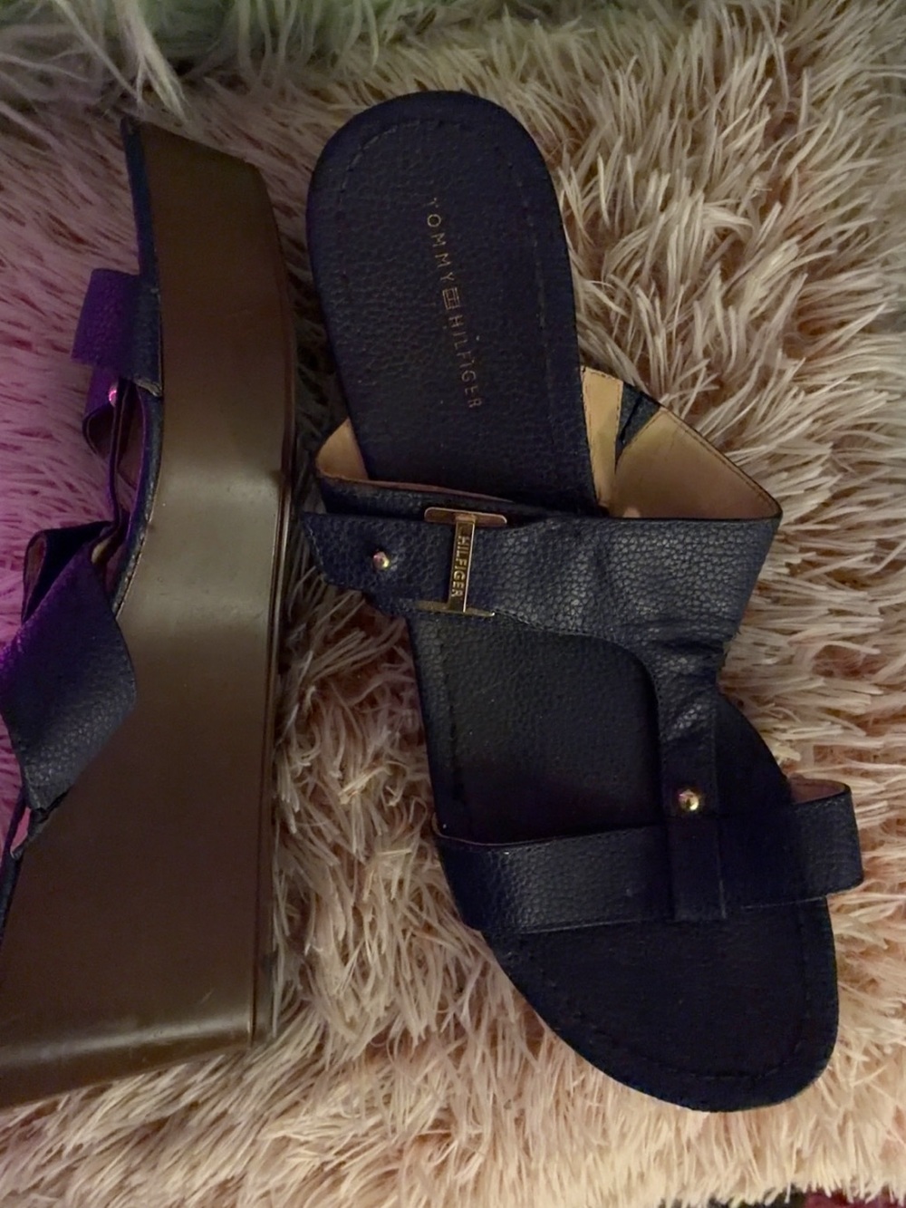 Tommy Hilfiger Navy Leather Wedge Sandals